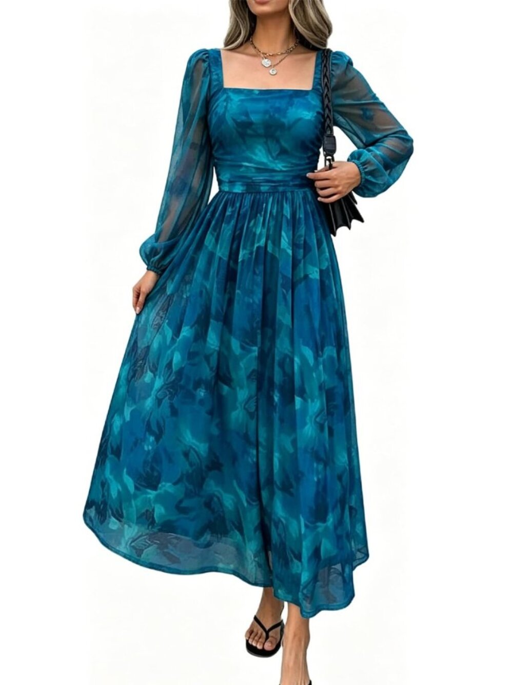 Womens Floral Mesh Long Sleeve A Line Boho Wedding Guest Maxi Dress